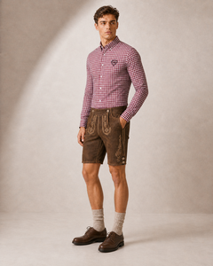 ชุดเสื้อเชิ้ตลายสก็อตพร้อมกางเกงหนังสีน้ำตาลแบบ Lederhosen สำหรับผู้ชาย สไตล์เยอรมันแบบดั้งเดิมสำหรับเทศกาล Oktoberfest ของบาวาเรีย - Product Image 6