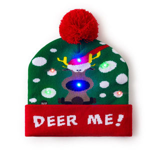 Bonnet en tricot unisexe avec rennes LED et pompon rouge, bonnet lumineux pour l'hiver et Noël - Product Image 1