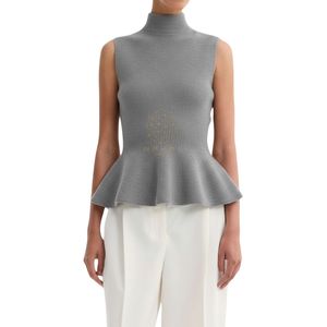 Women Sleeveless <b>Mock</b> <b>Neck</b> Sweater Peplum Hem Knit <b>Top</b> Elegant Slim Fit Ribbed Waist Sleeveless Pullover - Product Image 1