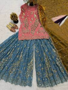 Ensemble 3 pièces traditionnel indien Sharara Gharara brodé, en soie Georgette, pour mariage, Diwali, hiver et été - Product Image 3