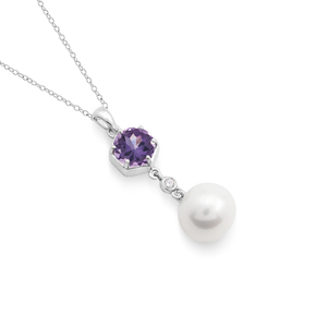 Nouveau collier pendentif classique en argent sterling 925 pur à 100 % avec améthyste hexagonale et perle d'eau douce pour femme - Product Image 2
