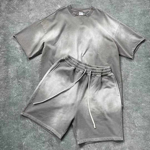 <b>Men</b> Blank Tee <b>Shorts</b> <b>Set</b> Custom Logo Screen Printing DTG Print Cotton Boxy Fit Drop Shoulder Acid Wash Distressed T-<b>Shirt</b> <b>Sets</b> - Product Image 3