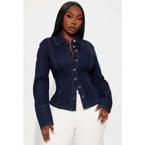 Women Denim Shirt Long Sleeve Button <b>Up</b> Solid Color Casual Autumn Style Regular Fit Full Length Cotton Top - Product Image 3