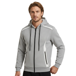 Men's Gray Hooded <b>Zipper</b> <b>Sweatshirt</b> Regular Fit Casual Polyester Solid Color Autumn Wear - Product Image 2
