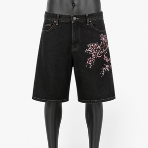 Shorts en jean noirs personnalisés pour hommes, brodés de fleurs, style Bermuda, baggy, streetwear - Product Image 1