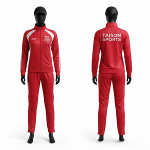 ชุดวอร์มกีฬาเน็ตบอล TAISON SPORTS พรีเมียม ผ้าโพลีเอสเตอร์กันน้ำ 280 GSM แบบมีฮู้ด ดีไซน์สีแดงขาว ตัดเย็บตามแบบทีม - Product Image 1