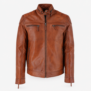 <b>Men</b> Custom PU Leather <b>Jacket</b> Brown Biker Style <b>Canvas</b> Stand Collar Plaid Pattern Quick Dry Breathable Autumn Zip up - Product Image 6