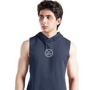 Navy Perform Hooded Tank Men's Sleeveless Gym Hoodie <b>Vest</b> Cotton Workout Training Fitness Bodybuilding <b>Stringer</b> Athletic Muscle - Product Image 3