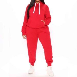 Women Plus Size Red Hooded Tracksuit Set Solid Color Cotton Casual Sweatshirt Pants Full Sleeve Loose Fit Autumn Wear - Product Image 1