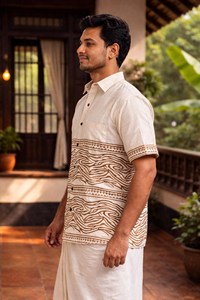 Handcrafted <b>Men</b> Ivory Cotton <b>Short</b> Sleeve Shirt with Traditional <b>Brown</b> Hand Block Print Border and Wave Motifs - Product Image 5