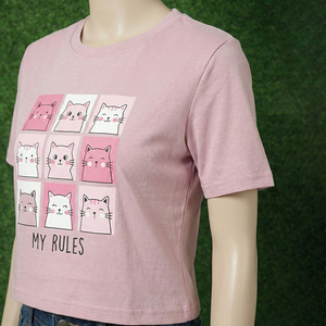 T-shirt court mignon pour femme 100 % coton jersey imprimé chat de dessin animé par transfert thermique écologique coupe ajustée compressée - Product Image 2