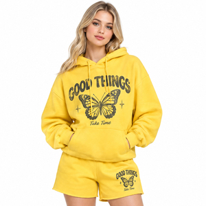 Conjunto de Sudadera con Capucha y Pantalones Cortos Estampados para Mujer, 100% Algodón Felpa, Hombros Caídos, Sudadera con Capucha y Pantalones Cortos con Cordón en la Cintura - Product Image 1