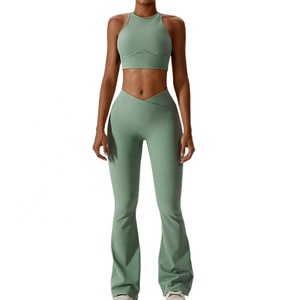 Conjunto de Ropa de Yoga de Dos Piezas para Mujer, Leggings Sólidos, Algodón, para Correr, Fitness, Pilates, Cintura Alta, Ecológico - Product Image 1