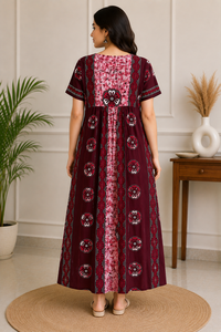 Chemise de nuit en coton de haute qualité, couleur marron, imprimé floral, col rond, manches courtes, vêtement de détente, kaftan, confort optimal - Product Image 2