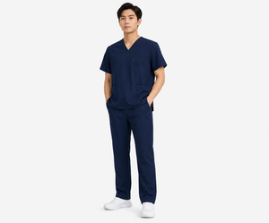 Ensemble de blouses médicales bleu marine pour hommes, en coton et polyester tissé, pantalon et haut à col en V, tenue de travail médicale - Product Image 3