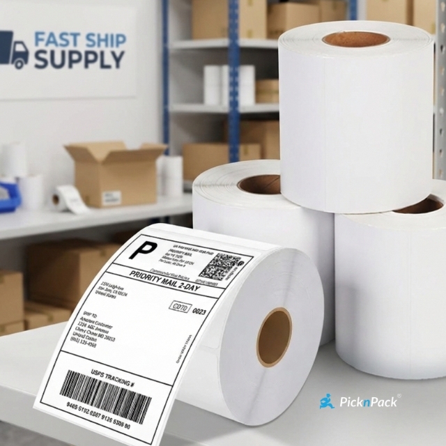 Picknpack 4x6 Inch Direct Thermal Plastic Shipping Label Rolls Letterpress Heat Transfer Hot Stamping | 400 Labels Per Roll |