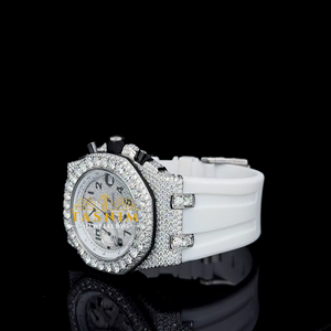Montre Homme 45mm Entièrement Sertie de Diamants VVS, Bracelet Blanc en Acier Inoxydable, Mouvement Quartz, Cadran en Verre, Chronographe Sportif Simple - Product Image 3