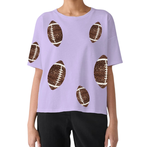 T-shirt court à col rond pour femme, prêt-à-porter, pour le football et le rugby, idéal pour l'été, coupe oversize, avec broderie de patchs à sequins, respirant, 100% coton - Product Image 5