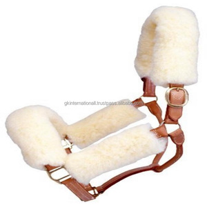 Premium Sheepskin Fleece Padding Double Stitched Custom Design Tan Leather Horse <b>Halter</b> in Many Colors with Brass Buckle & Rings - Product Image 4