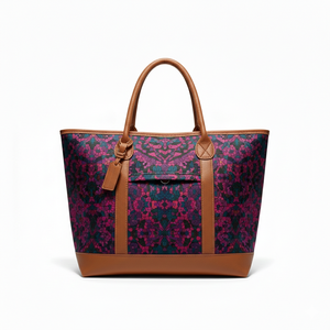 Bolsa de Lona con Estampado Floral Caleidoscópico y Ribete de Cuero Color Bronceado - Product Image 2
