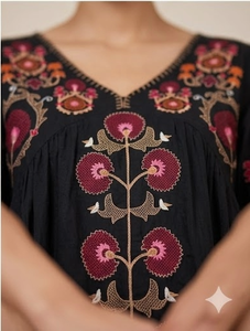 Summer Woven Button Eco-Friendly Maxi <b>Black</b> V-Neck Boho Loose Fit Short Sleeve Casual Dress - Product Image 4