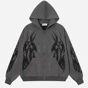 Sudadera con capucha unisex personalizada, estilo acid wash, oversize, con cremallera y pedrería, logotipo bordado, para ropa informal de moda urbana, para marcas de ropa. - Product Image 1