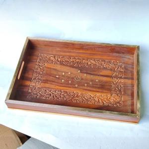 Hand Carved Wooden Serving <b>Tray</b> <b>with</b> <b>Handles</b> Sheesham Wood <b>Tea</b> <b>Tray</b> Decorative Coffee Table <b>Tray</b>, Wedding Gift Housewarming Gift - Product Image 6
