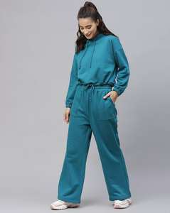 Ensemble jogging deux pièces pour femme, en tissu écologique uni, avec sweat à capuche et pantalon de jogging, tenue de sport décontractée, taille à cordon de serrage, confortable pour tous les jours - Product Image 1