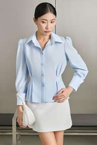 เสื้อเชิ้ตผู้หญิงทรงเข้ารูปสีฟ้าพาสเทล รุ่น BLUE DAWN แบรนด์ Vietnam Turn down Collar Office Chic Feminine Elegant รหัสสินค้า KA54 คุณภาพสูง ขายส่ง - Product Image 3