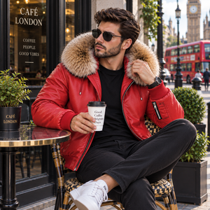 <b>Men's</b> Red Leather Bomber <b>Jacket</b> with Fur Hood Plaid Pattern | Giacca Uomo | <b>Summer</b> Casual - Product Image 2