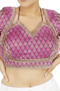 Blouse en soie Banarasi 100% brodée violette, coupe trapèze, manches courtes, col en V, taille naturelle, lavable, pour Lehenga Choli, mariage et fête - Product Image 2