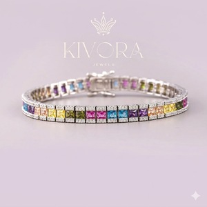 925 <b>Silver</b> Moissanite Hip Hop Engagement Anniversary Tennis <b>Bracelet</b> Rainbow Cushion Cut <b>Bangle</b> Unisex Party Jewelry - Product Image 1