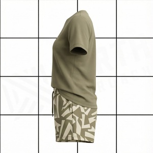 Conjunto de 2 Piezas para Mujer, Camiseta Color Oliva Sólido con Pantalones Cortos con Estampado Geométrico, Ropa Casual de Primavera/Verano, Largo por Encima de la Rodilla, Corte Regular - Product Image 3
