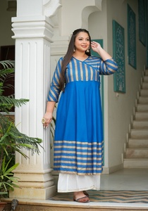 Angrakha Neck Rayon Anarkali Kurti Women's <b>Plus</b> <b>Size</b> Stripe Printed Three Quarter Sleeves Flared Fit Casual Wear Blue - Product Image 3