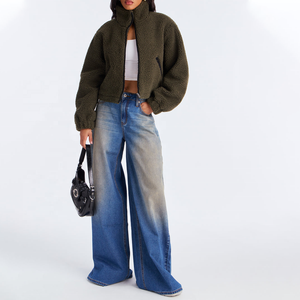 Wholesale Olive Green Fleece <b>Jacket</b> With Puff <b>Sleeves</b> Stand Collar <b>Short</b> Length Winter <b>Women's</b> Sherpa Crop <b>Jacket</b> Zip-up <b>Jacket</b> - Product Image 4
