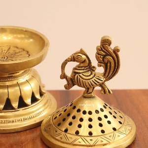 Traditional brass handcrafted incense <b>burner</b> bowl with <b>side</b> holding handle, available at wholesale prices. - Product Image 5
