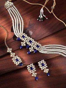 Conjunto de Collar y Pendientes de Flor Chapados en Oro con Circones, Joyería Clásica de Boda para Mujer, Imitación de Perlas y Piedra Azul, Conjuntos de Joyería de Aleación - Product Image 4