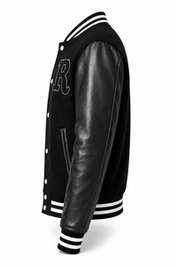 Unisex <b>Black</b> Varsity <b>Jacket</b> Wool/Polyester Embroidered Patchwork Letter R Front Casual Streetwear Turn-down Collar Regular Fit - Product Image 2