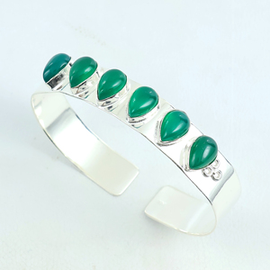 Handmade 925 Sterling Silver Plated Natural Green Onyx Gemstone Multi <b>Stone</b> Teardrop Cabochon Statement Cuff Bangle <b>Bracelet</b> - Product Image 1