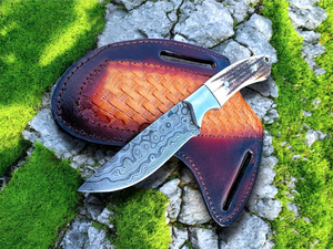Cuchillo de Caza de Acero de Damasco Hecho a Mano Personalizado OEM, Cuchillo EDC de Hoja Fija para Camping y Actividades al Aire Libre con Funda de Cuero, Regalo - Product Image 2