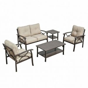 Set di Mobili da Giardino in Metallo per Tutte le Stagioni, 5 Pezzi, Telaio Color Kaki con Cuscini Beige, Divano da Conversazione Spesso 4 Pollici, 4 Posti - Product Image 2