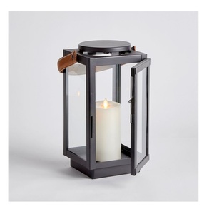 Nueva Tendencia de Fábrica: Linterna de Metal y Vidrio con Acabado Negro Brillante y Asa de Cuero, Tamaño Personalizado, para Hoteles y Restaurantes - Product Image 1