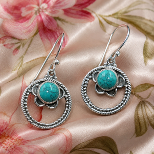 Pendientes Colgantes de Turquesa Natural, Plata de Ley 925, Estilo Boho, Florales, Circulares, Hechos a Mano, Joyería de Piedras Preciosas para Mujer - Product Image 1