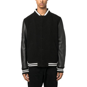 Rhinestones Men's Black Varsity <b>Jacket</b> Genuine <b>Leather</b> Sleeves White Trim Collar Regular Fit Casual <b>Winter</b> Waterproof Reversible - Product Image 2