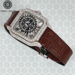 Montre carrée de luxe Charm_Jewells en acier inoxydable avec accents de diamants, mouvement à quartz analogique, bracelet en cuir marron, mode féminine - Product Image 2