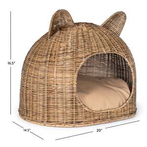 Niche pour chat en rotin en forme de dôme, avec oreilles d'ours mignonnes, panier-lit en osier pour chat, nid de sommeil fermé pour chien d'intérieur avec coussin moelleux - Product Image 6