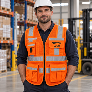 Gilet de sécurité haute visibilité pour hommes, orange, réfléchissant, en maille, vêtements de travail, logo personnalisé, poches, service OEM - Product Image 2
