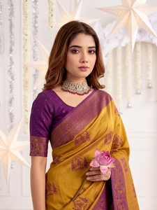 AARA Fashion <b>Purple</b> Mustard Silk <b>Saree</b> Traditional Print Sun Protection Floor-Length Wedding Wear for Women India Pakistan Style - Product Image 2
