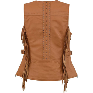 Samroz Sports Women's Brown Fringed Leather <b>Rivet</b> Detail Side Buckle and Zipper Motorcycle Rider Vest - Product Image 2