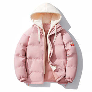 <b>Pink</b> Hooded Puffer <b>Jacket</b> Windproof Zipper Closure Casual Winter Wear Regular Fit Polyester Shell Solid Color Badge Logo - Product Image 1